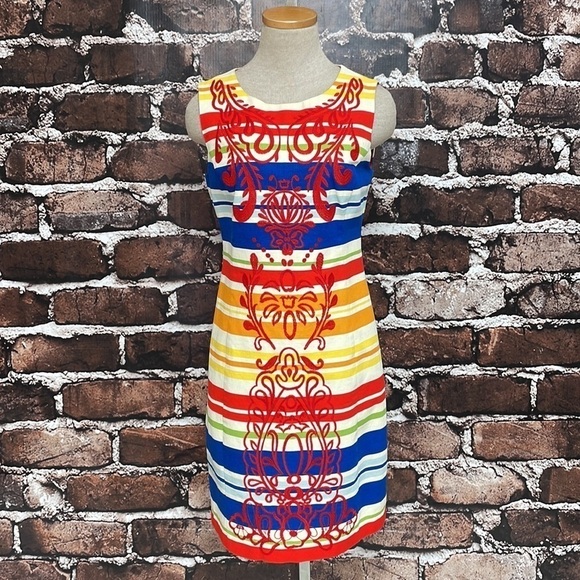 Anthropologie Tabitha Dress Banded Totem Stripes Embroidered Sheath Size 4 - Picture 1 of 16